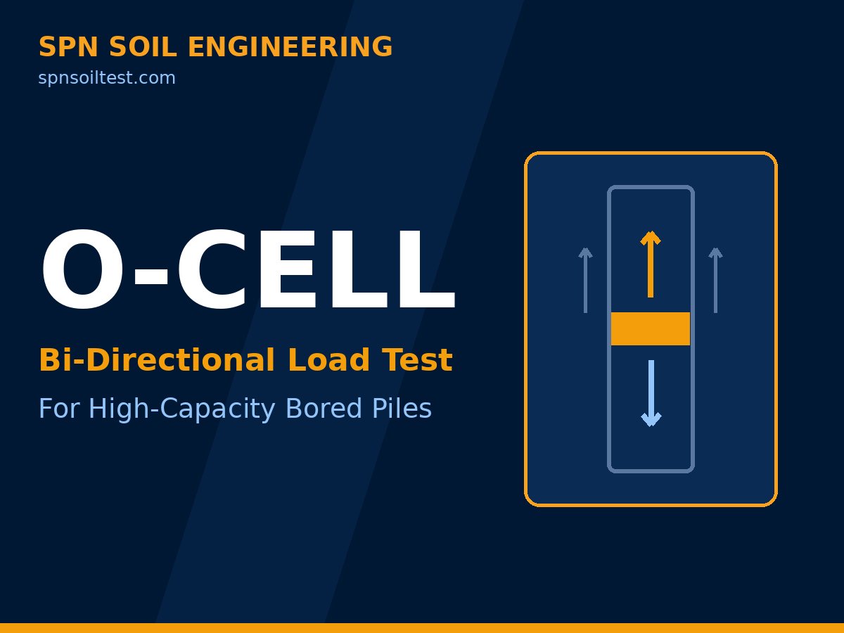 แผนภาพหลักการ O-cell แสดงเซลล์แรงดันฝังในเสาเข็มเจาะดันส่วนบนขึ้นและส่วนล่างลง พร้อมกราฟการเคลื่อนตัวสองทิศทาง