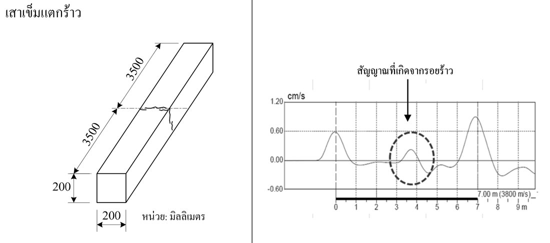 กราฟคลื่นสะท้อนจาก Seismic Integrity Test แสดงลักษณะสัญญาณของเสาเข็มที่มีรอยแตกร้าวตามขวาง